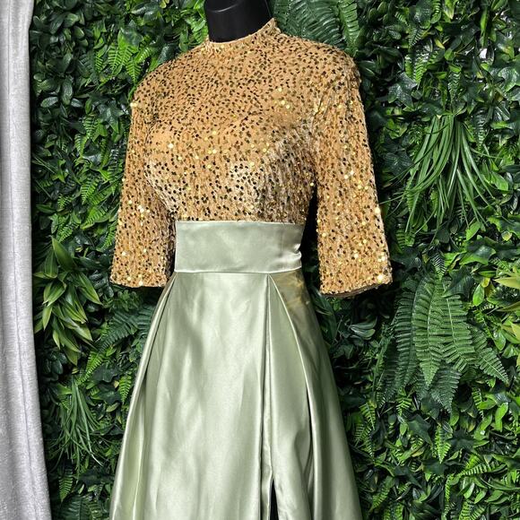 Elegant Dress Women 6 Gold Green High Neck Sequin Gown Layered Split Formal 2597 - Picture 6 of 9